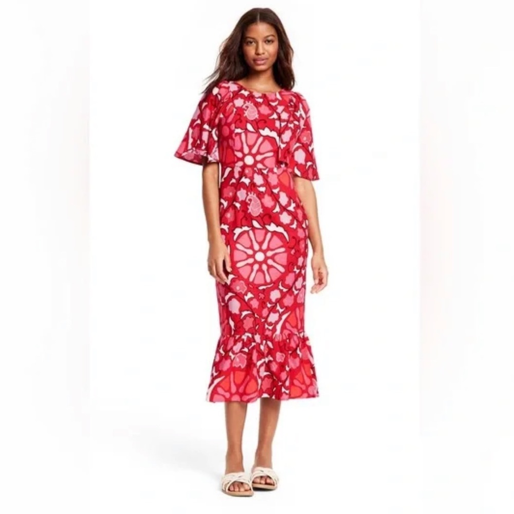 FARM Rio Red & Pink Floral Midi Linen Dress